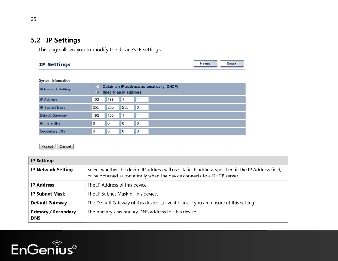 EnGenius Technologies EAP350 manual IP Settings, This page allows you to modify the devices IP settings 