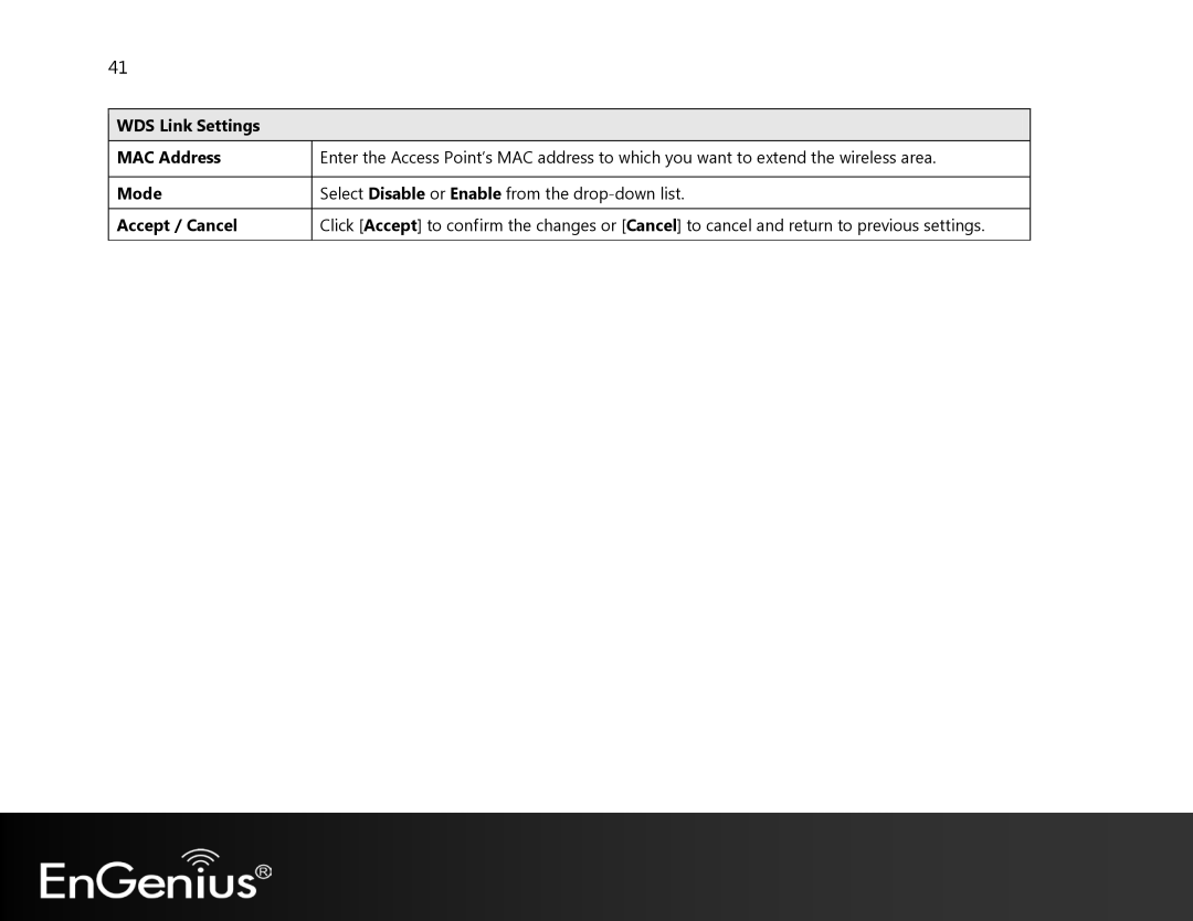 EnGenius Technologies EAP350 manual WDS Link Settings MAC Address, Mode 