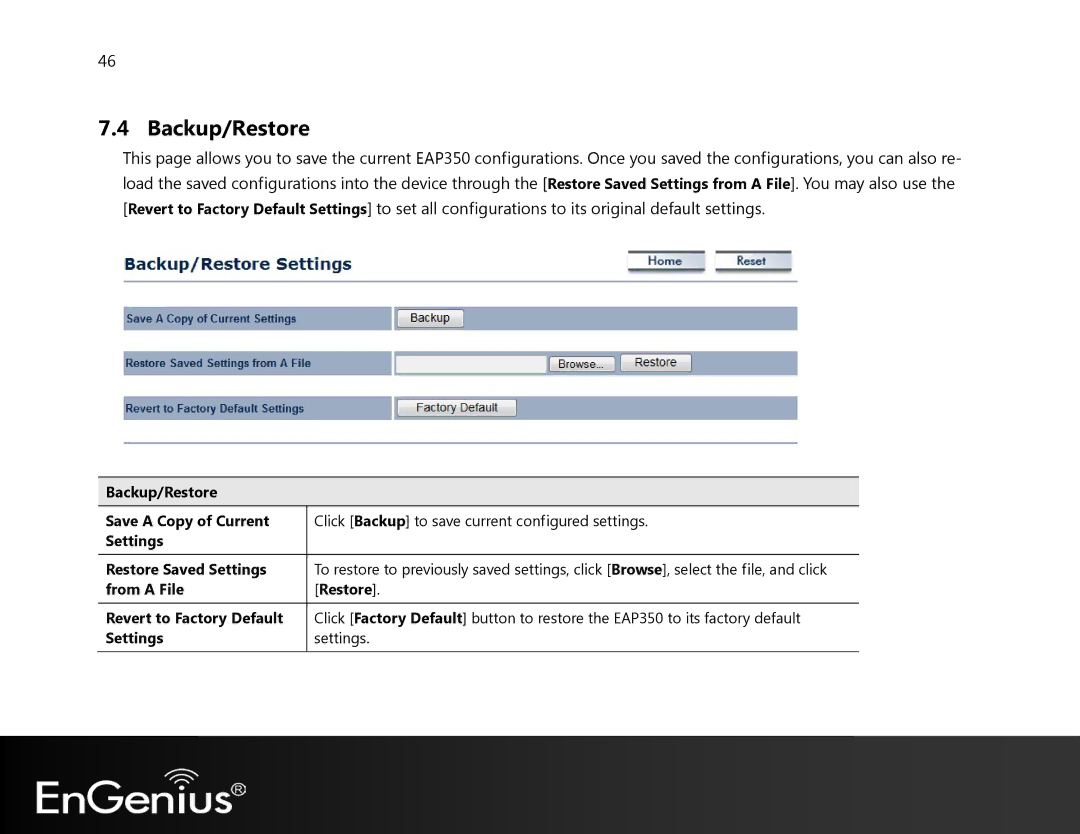 EnGenius Technologies EAP350 manual Backup/Restore 