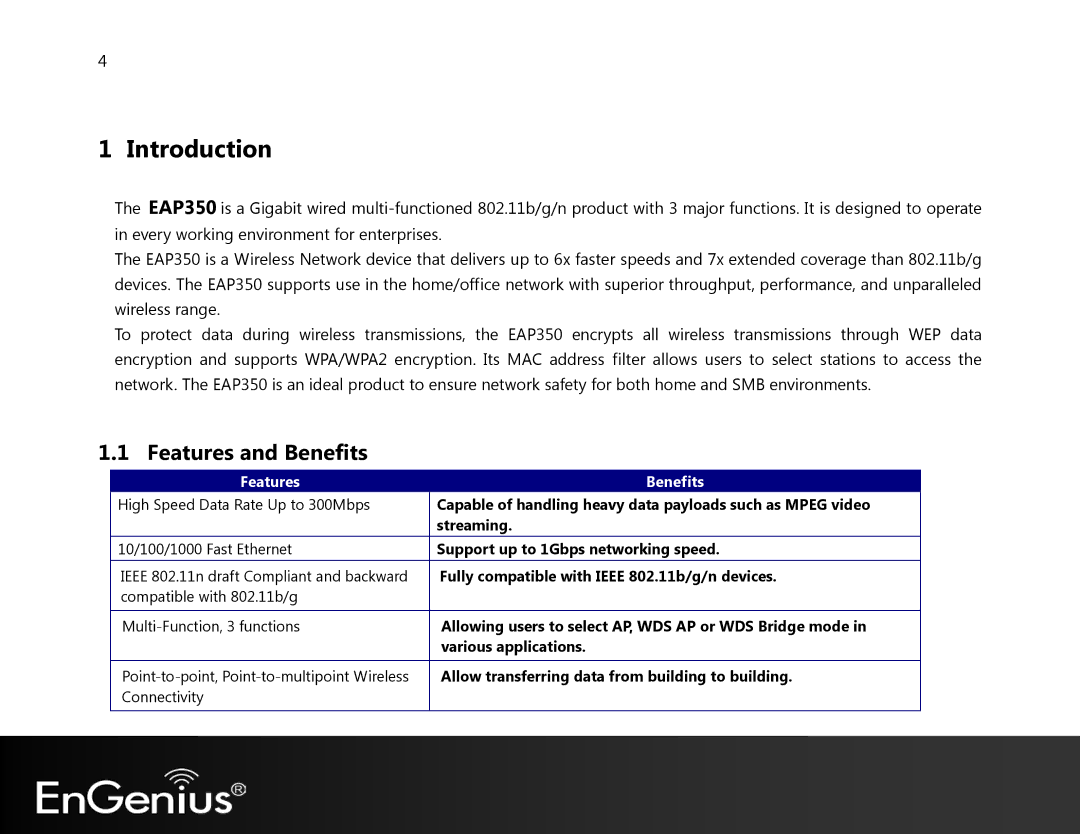 EnGenius Technologies EAP350 manual Introduction, Features and Benefits 