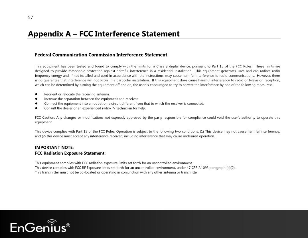 EnGenius Technologies EAP350 Federal Communication Commission Interference Statement, FCC Radiation Exposure Statement 