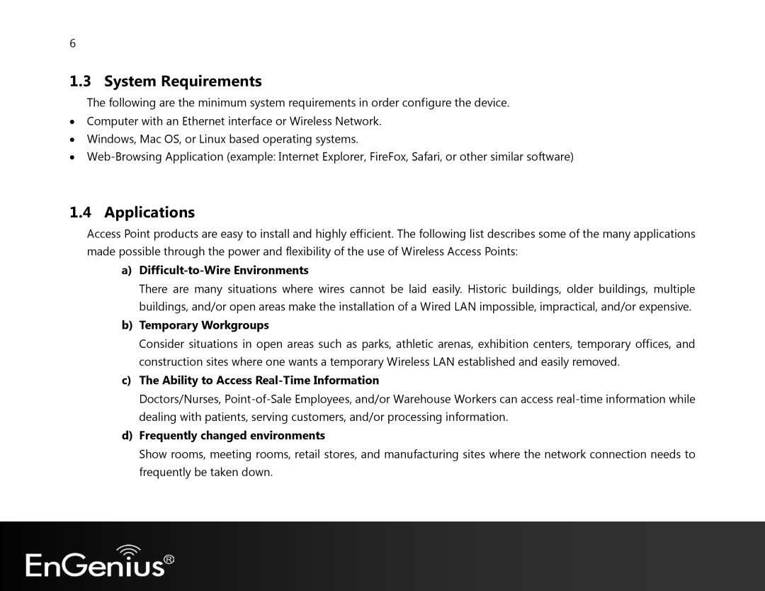 EnGenius Technologies EAP350 manual System Requirements, Applications 