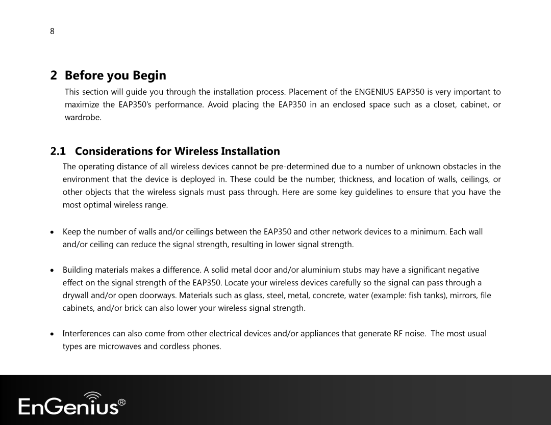 EnGenius Technologies EAP350 manual Before you Begin, Considerations for Wireless Installation 