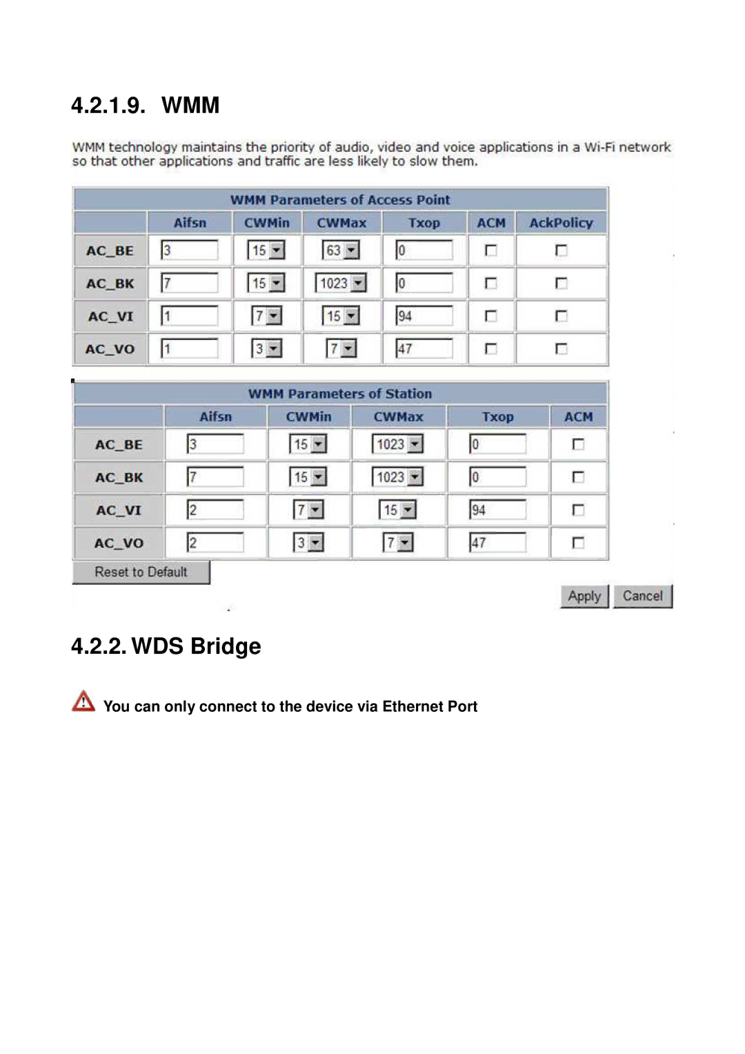 EnGenius Technologies EAP9550 manual WMM WDS Bridge 