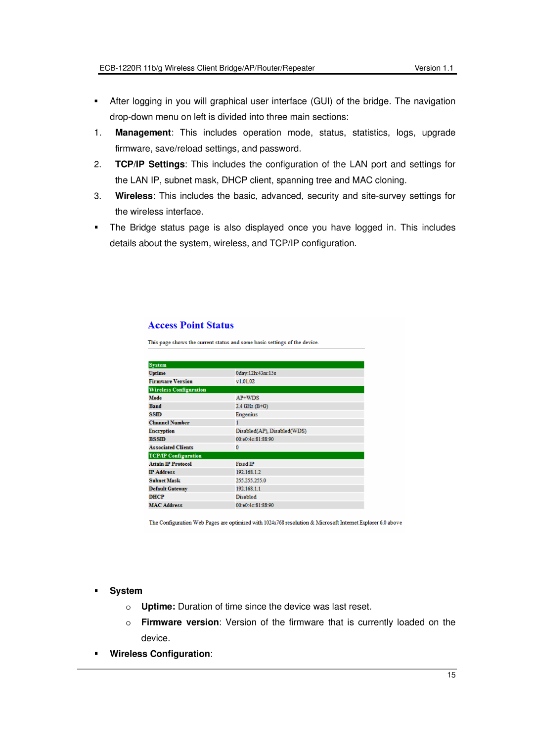 EnGenius Technologies ECB-1220R user manual ƒ System, ƒ Wireless Configuration 