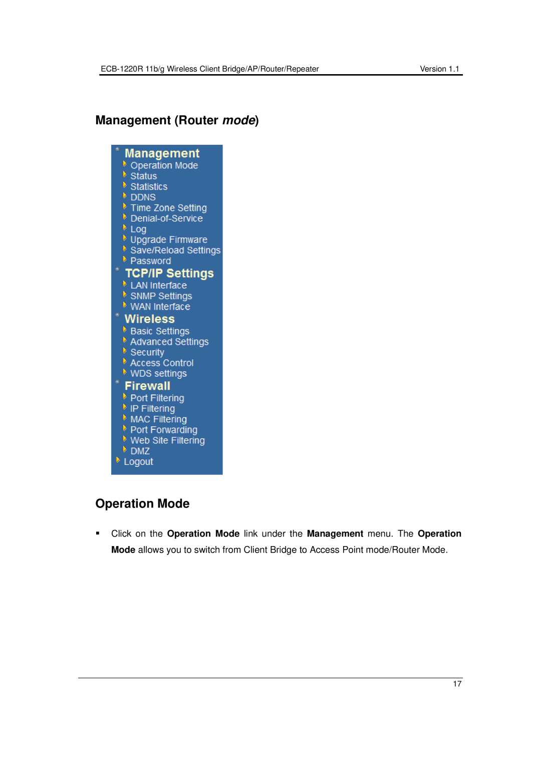 EnGenius Technologies ECB-1220R user manual Management Router mode Operation Mode 