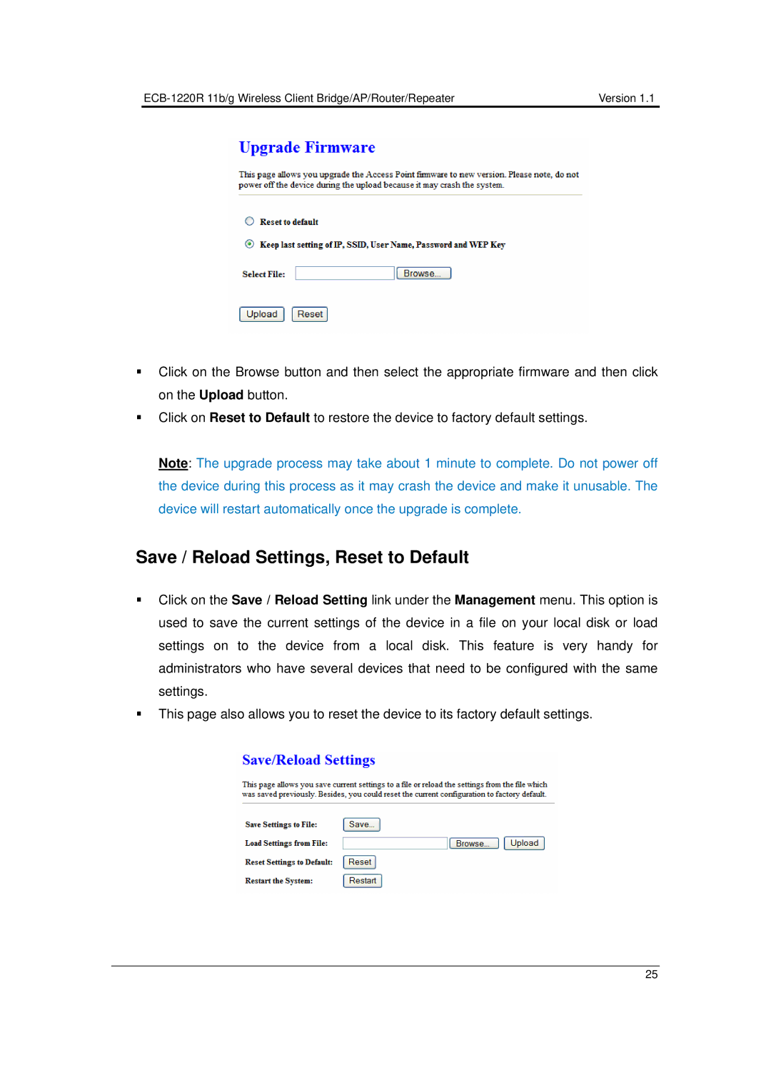 EnGenius Technologies ECB-1220R user manual Save / Reload Settings, Reset to Default 
