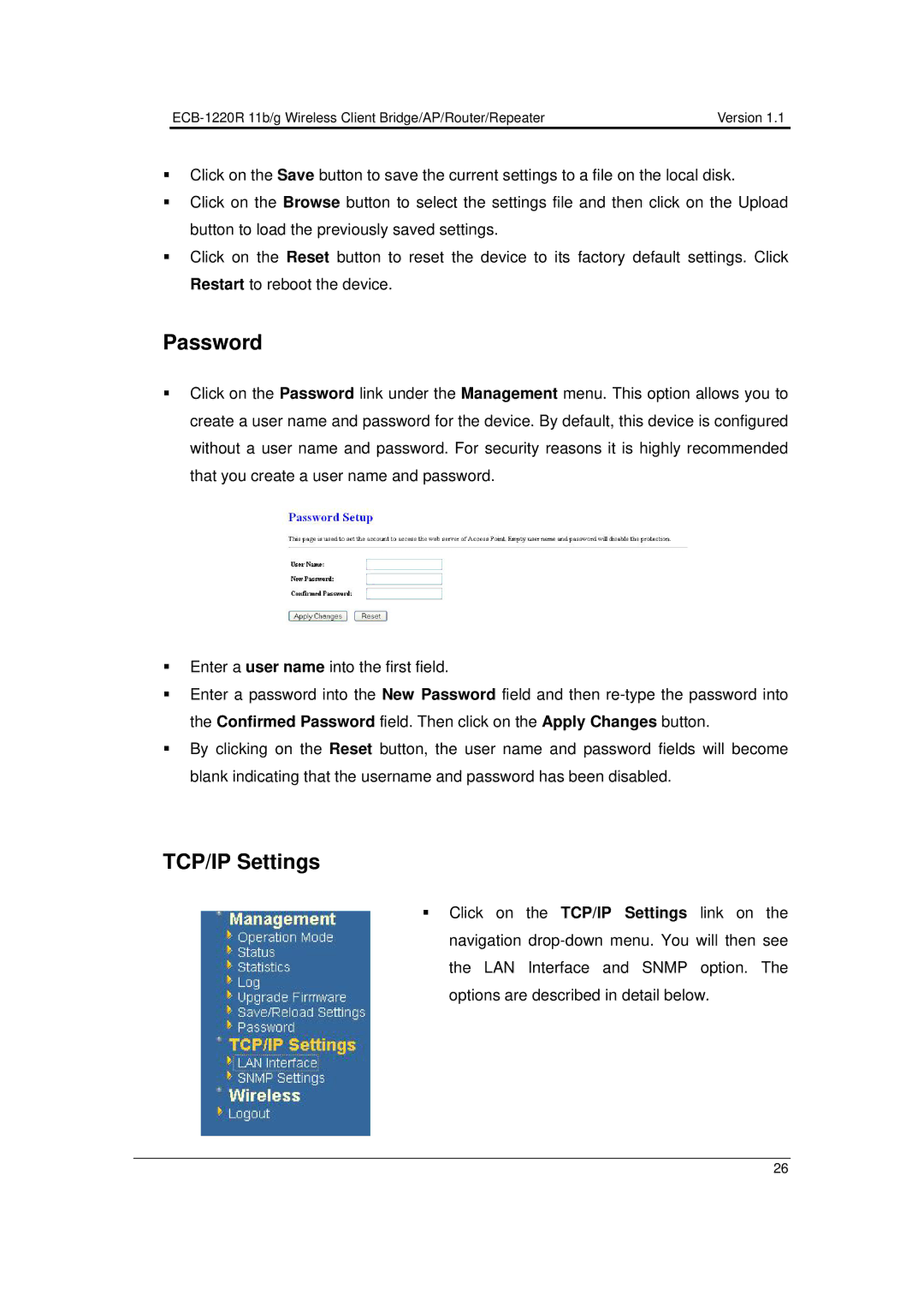 EnGenius Technologies ECB-1220R user manual Password, TCP/IP Settings 