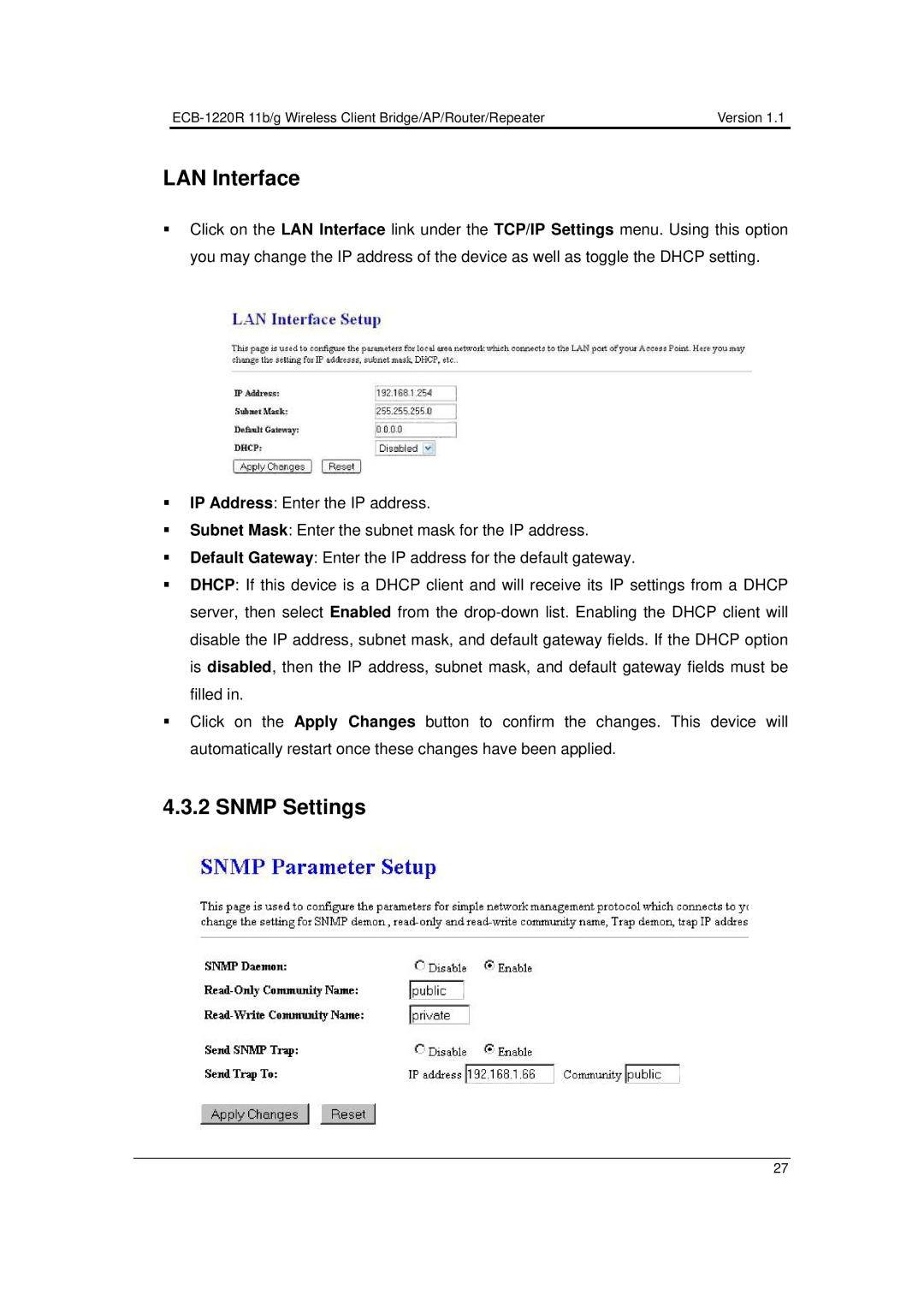 EnGenius Technologies ECB-1220R user manual LAN Interface, Snmp Settings 