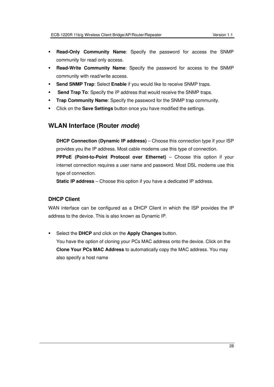 EnGenius Technologies ECB-1220R user manual Wlan Interface Router mode, Dhcp Client 