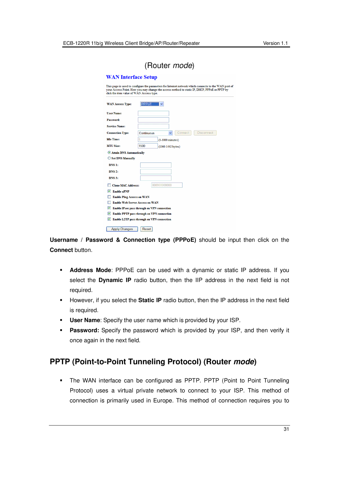 EnGenius Technologies ECB-1220R user manual Pptp Point-to-Point Tunneling Protocol Router mode 