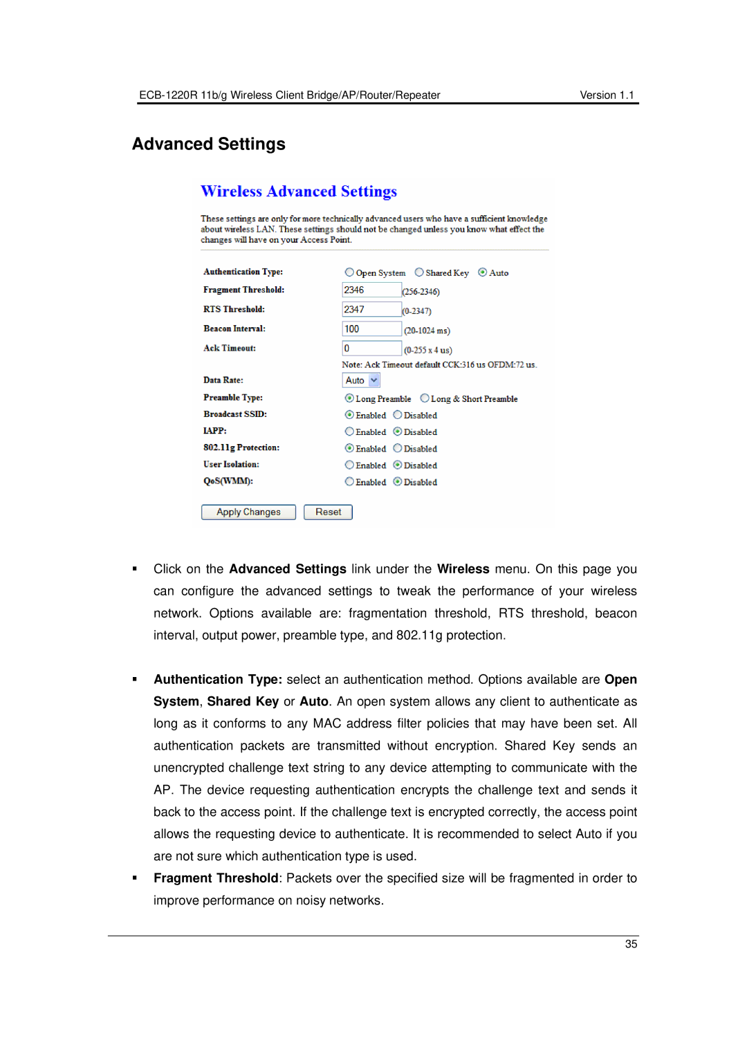 EnGenius Technologies ECB-1220R user manual Advanced Settings 