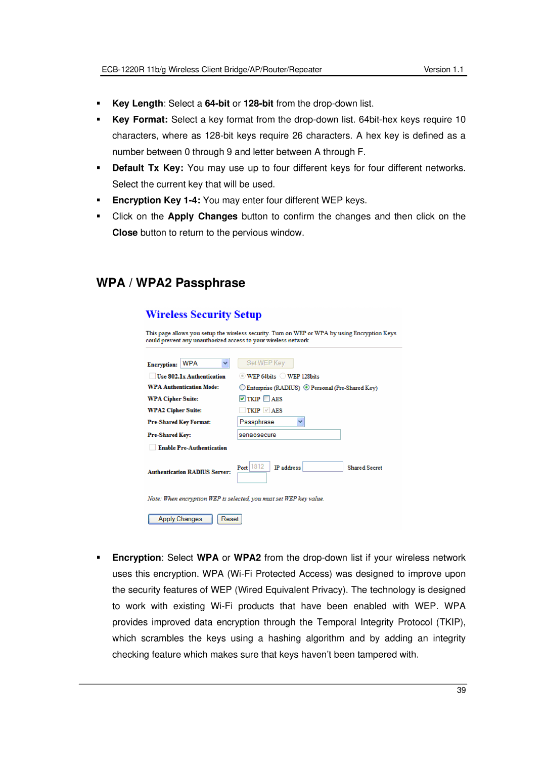 EnGenius Technologies ECB-1220R user manual WPA / WPA2 Passphrase 