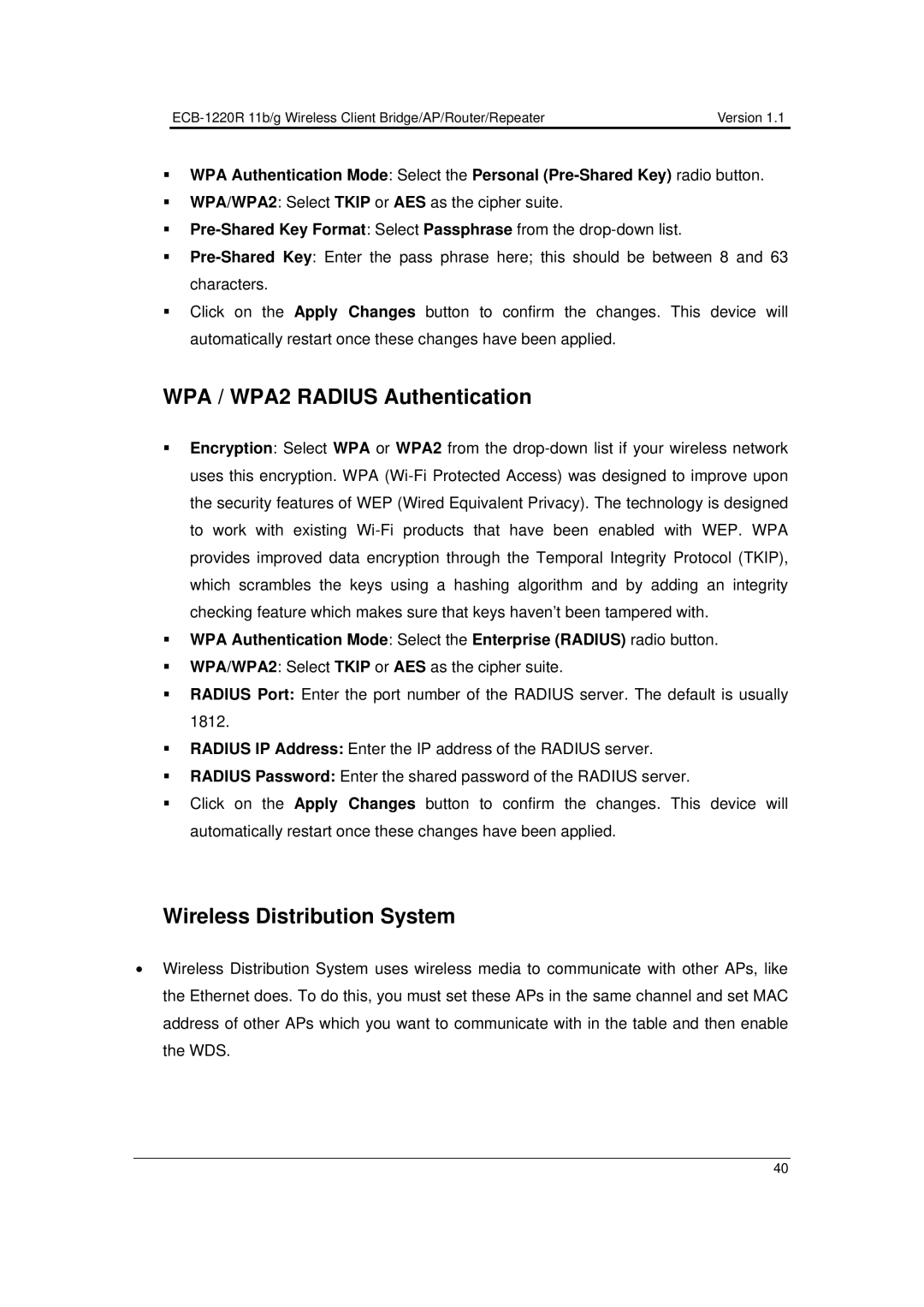 EnGenius Technologies ECB-1220R user manual WPA / WPA2 Radius Authentication, Wireless Distribution System 