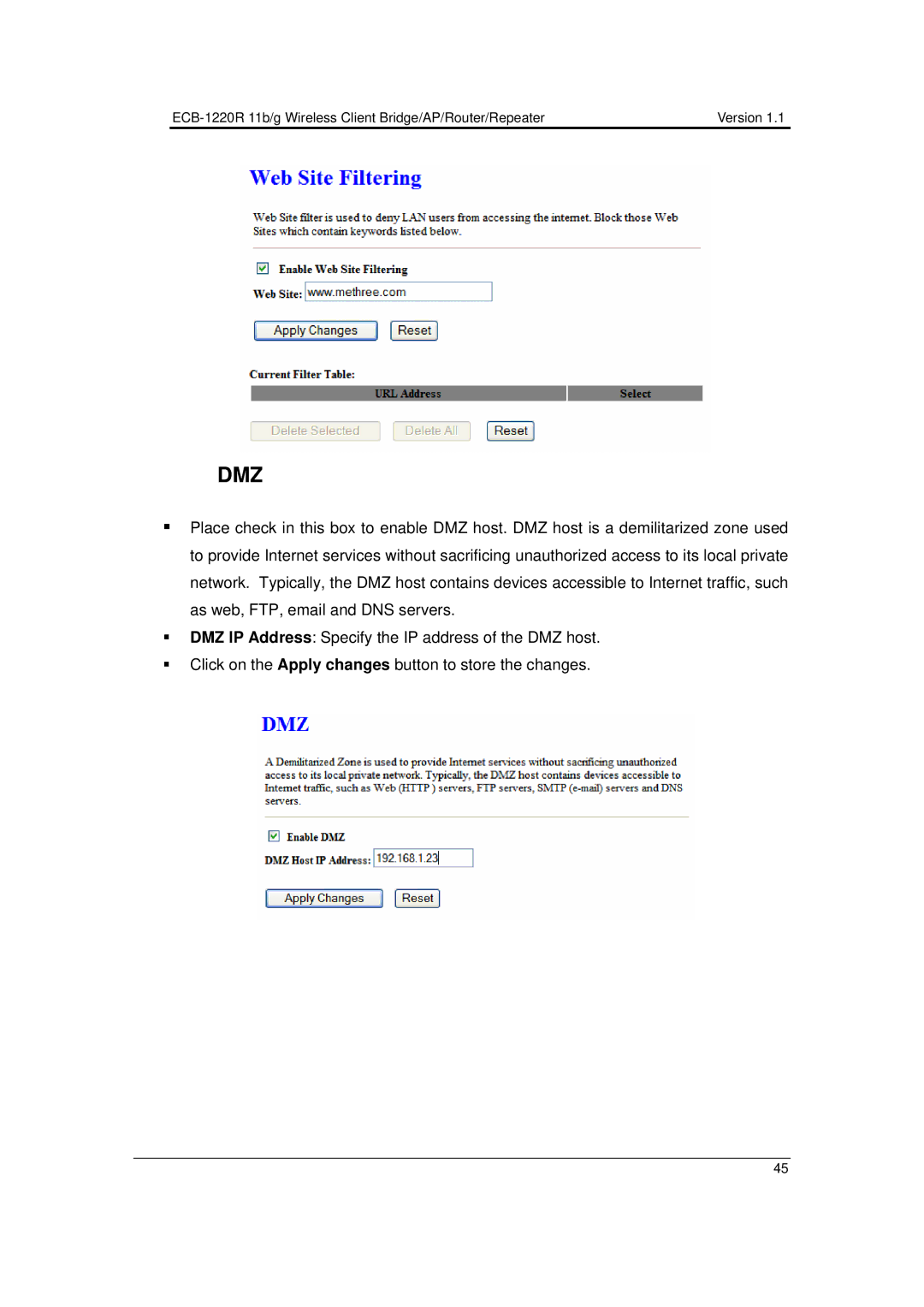 EnGenius Technologies ECB-1220R user manual Dmz 