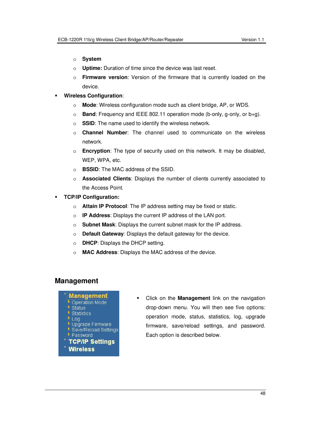 EnGenius Technologies ECB-1220R user manual System, ƒ Wireless Configuration 