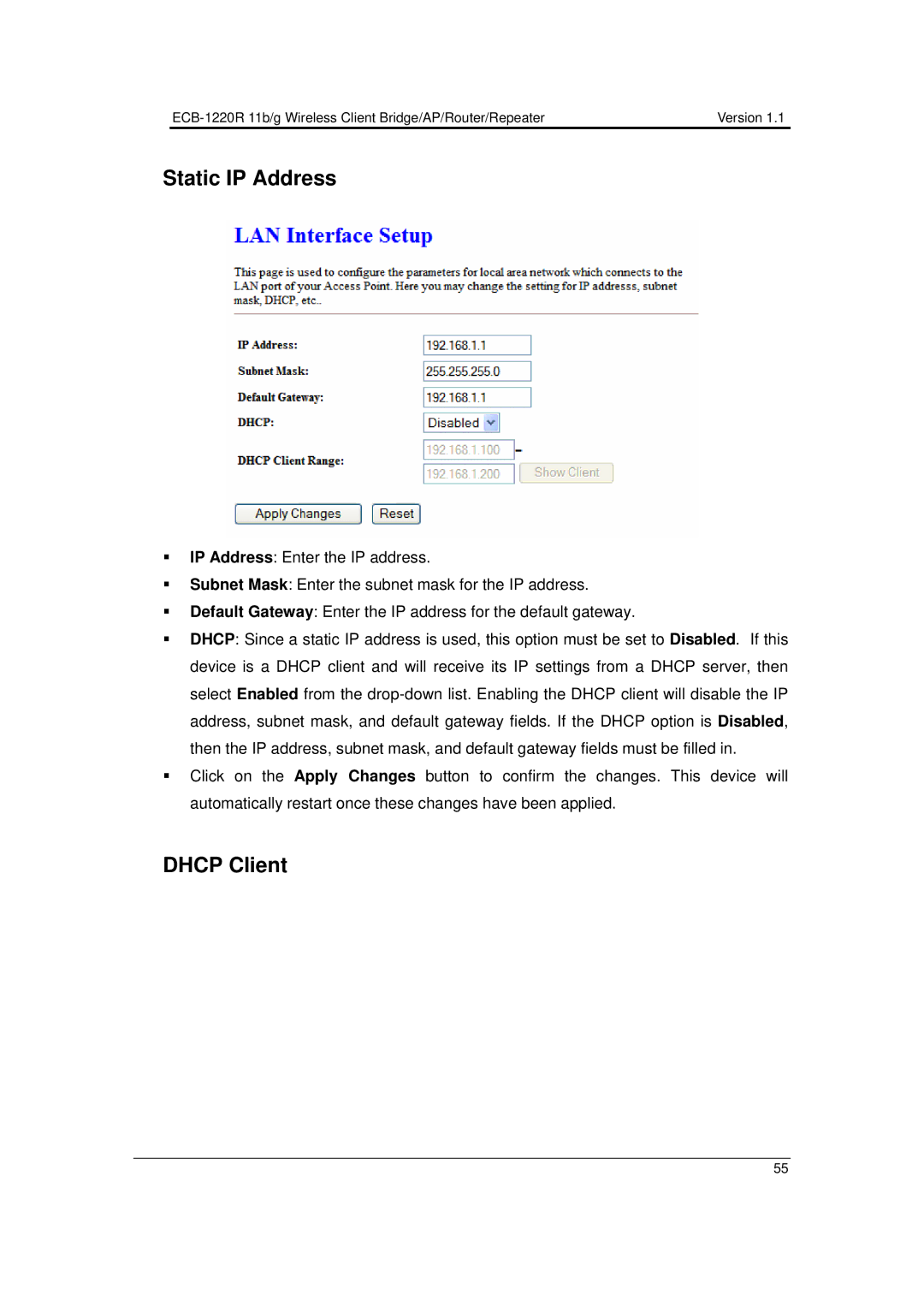 EnGenius Technologies ECB-1220R user manual Static IP Address, Dhcp Client 