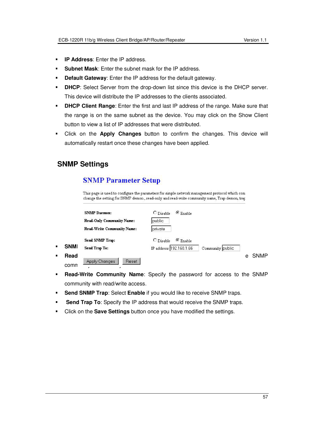 EnGenius Technologies ECB-1220R user manual Snmp Settings 