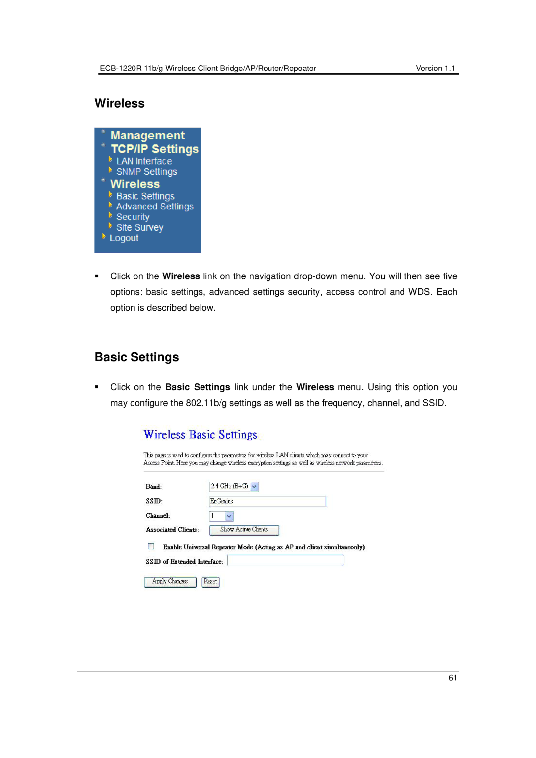 EnGenius Technologies ECB-1220R user manual Wireless, Basic Settings 