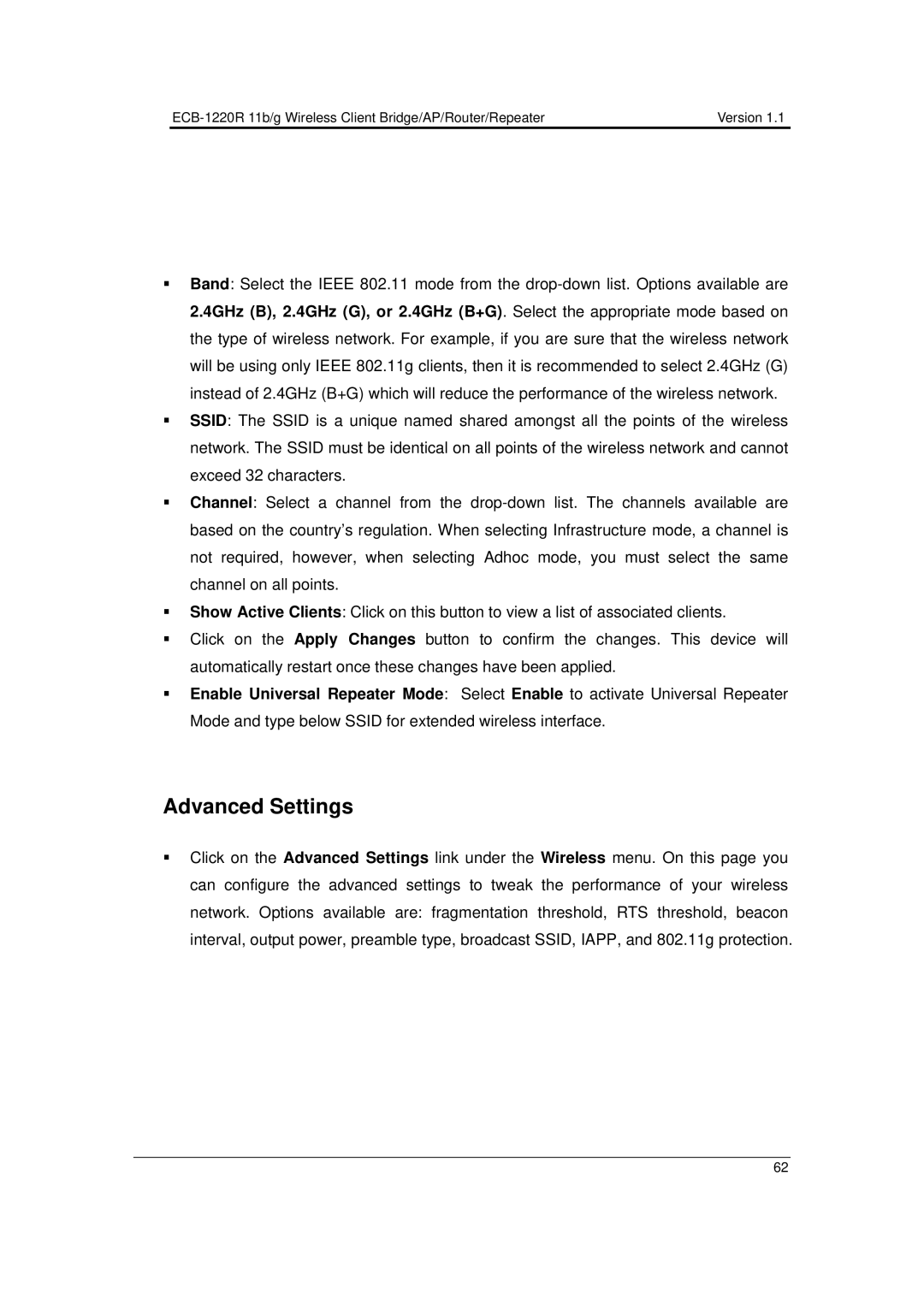 EnGenius Technologies ECB-1220R user manual Advanced Settings 