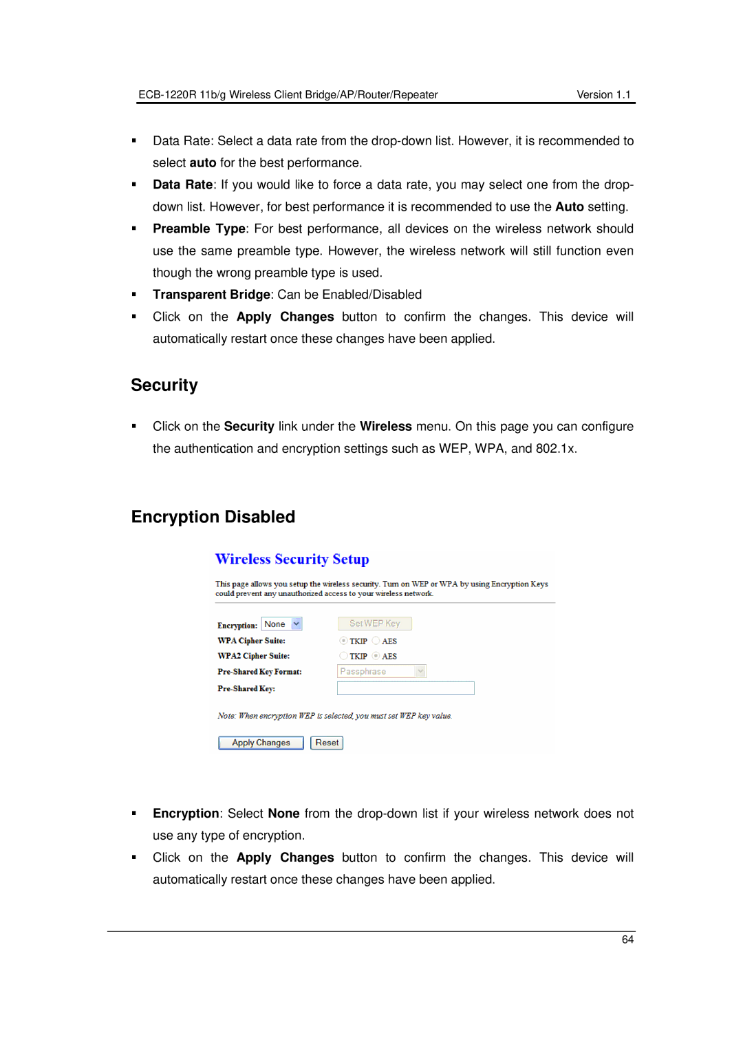 EnGenius Technologies ECB-1220R user manual Security 