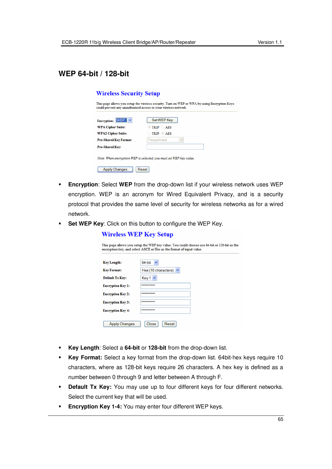 EnGenius Technologies ECB-1220R user manual WEP 64-bit / 128-bit 