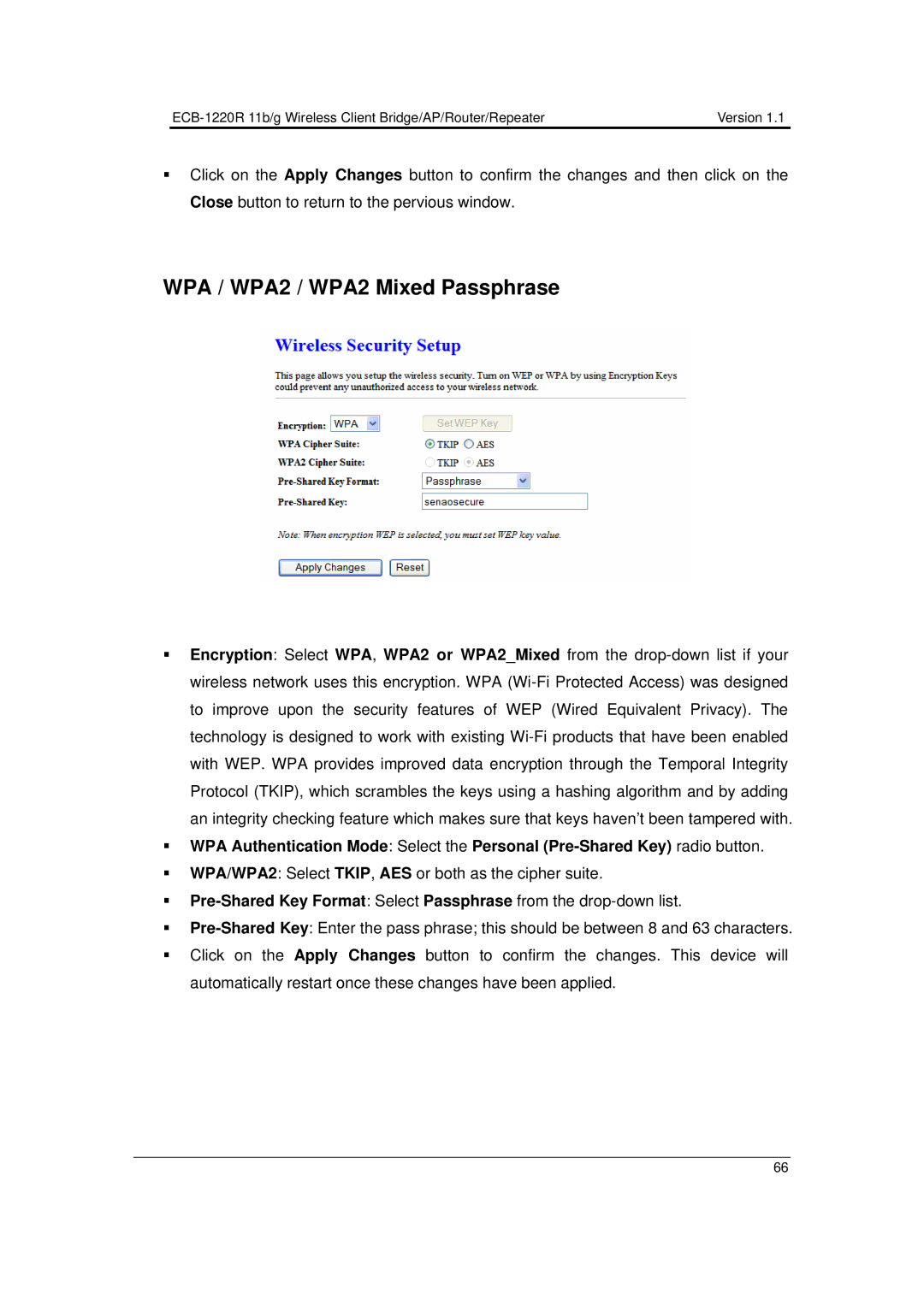 EnGenius Technologies ECB-1220R user manual WPA / WPA2 / WPA2 Mixed Passphrase 