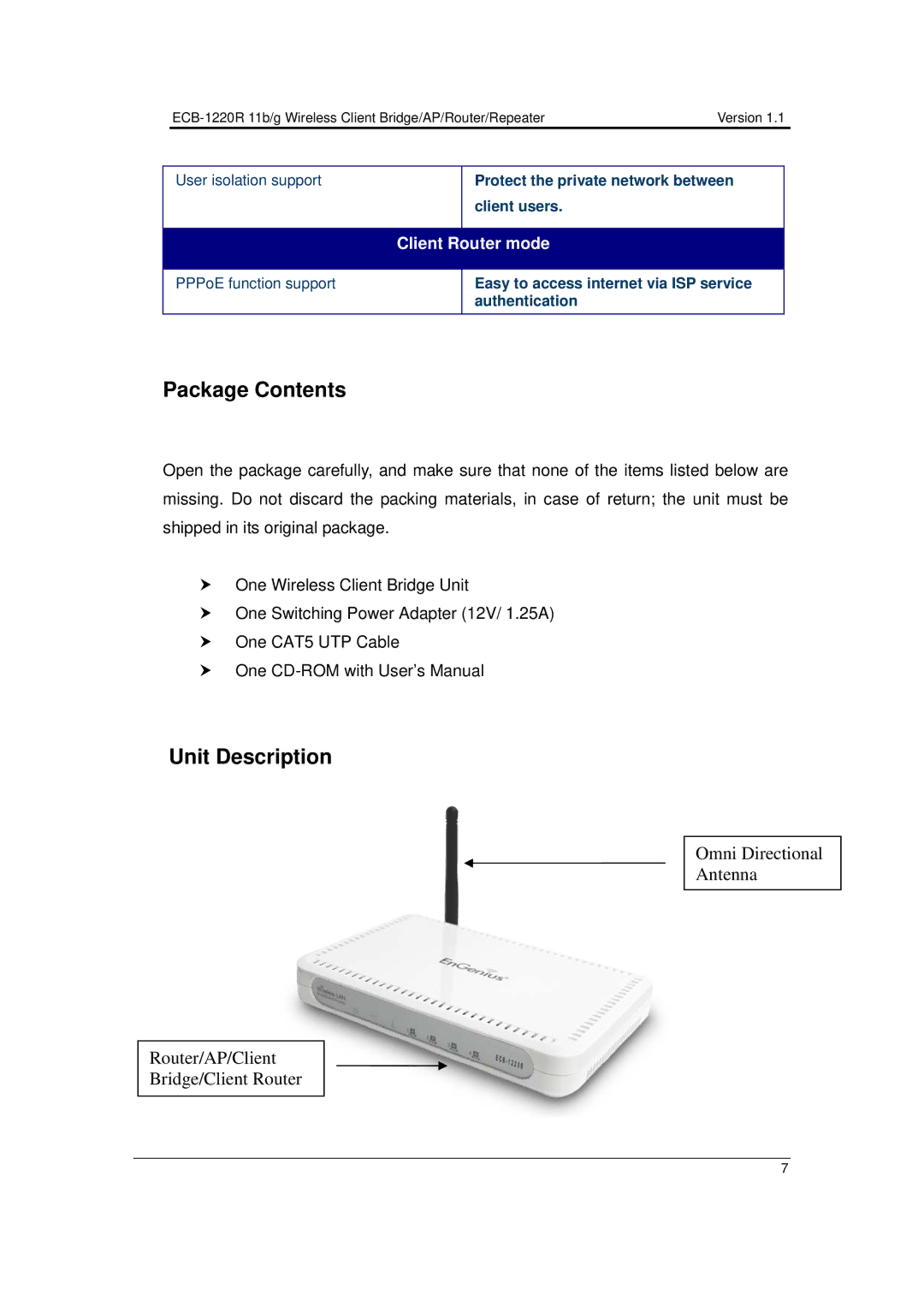 EnGenius Technologies ECB-1220R user manual Package Contents, Unit Description 