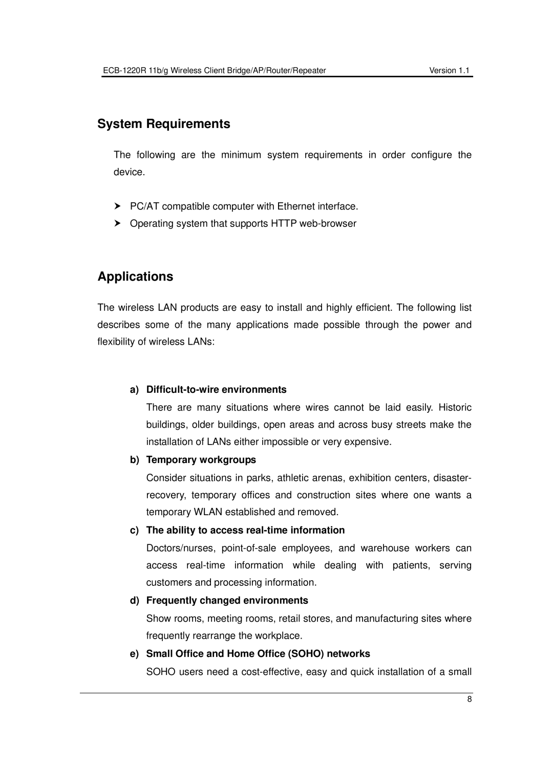 EnGenius Technologies ECB-1220R user manual System Requirements, Applications 