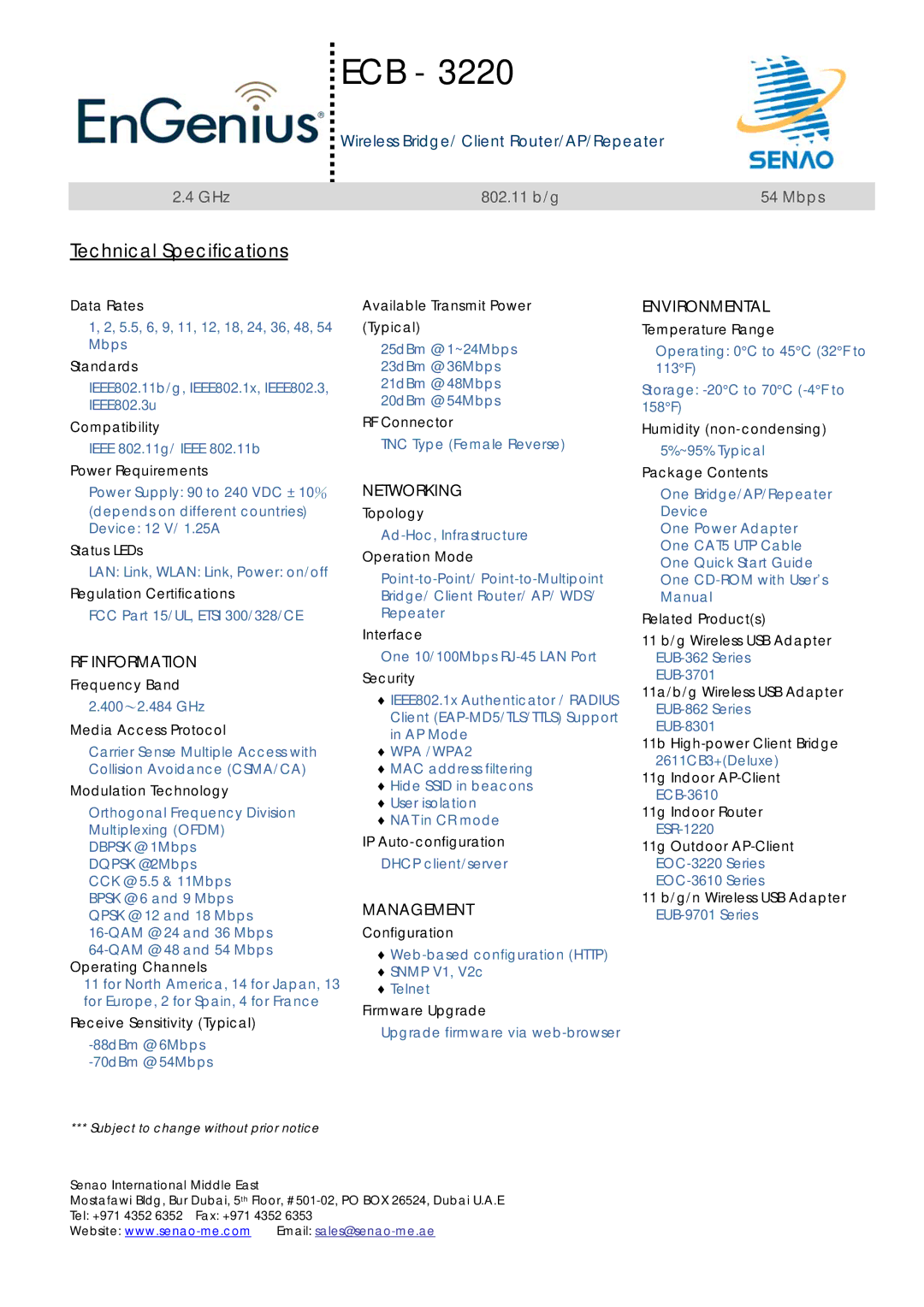 EnGenius Technologies ECB-3220 manual RF Information, Networking, Management, Environmental 