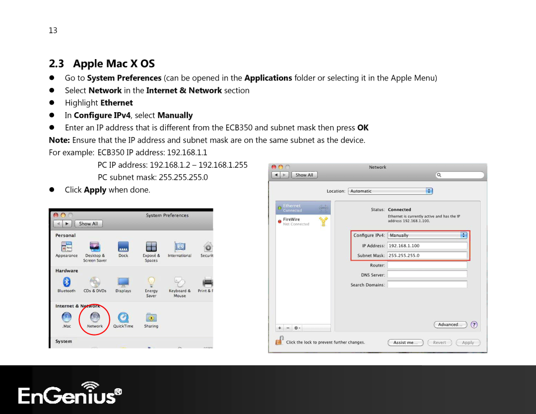 EnGenius Technologies ECB350 manual Apple Mac X OS,  Select Network in the Internet & Network section 