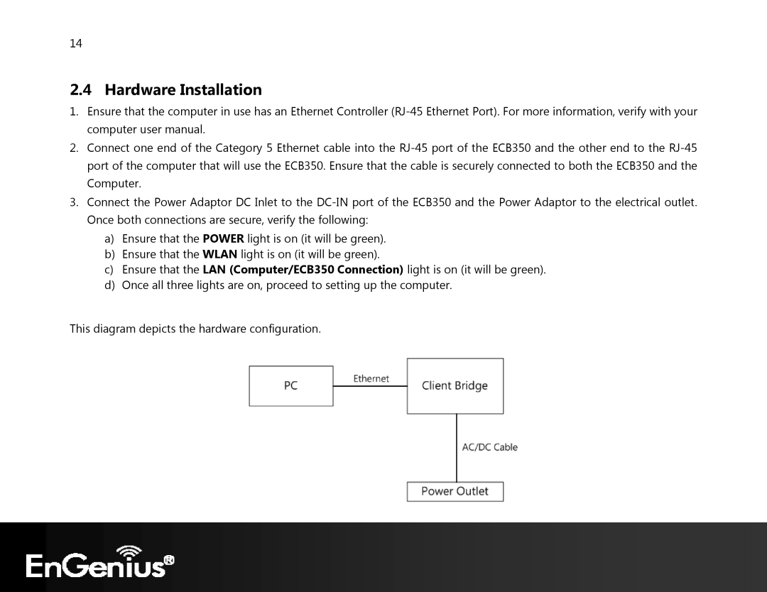 EnGenius Technologies ECB350 manual Hardware Installation 