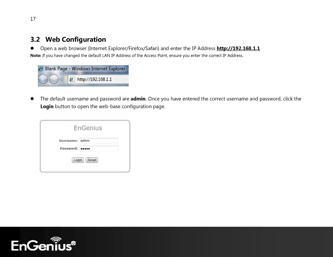 EnGenius Technologies ECB350 manual Web Configuration 