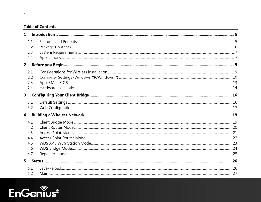 EnGenius Technologies ECB350 Table of Contents Introduction, Before you Begin, Configuring Your Client Bridge, Status 