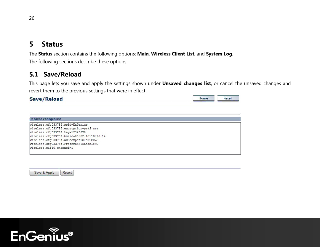 EnGenius Technologies ECB350 manual Status, Save/Reload 