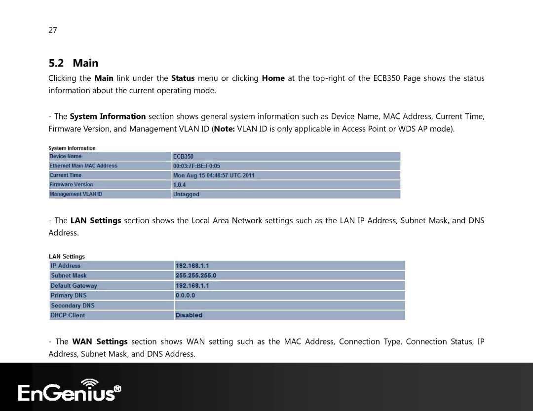 EnGenius Technologies ECB350 manual Main 