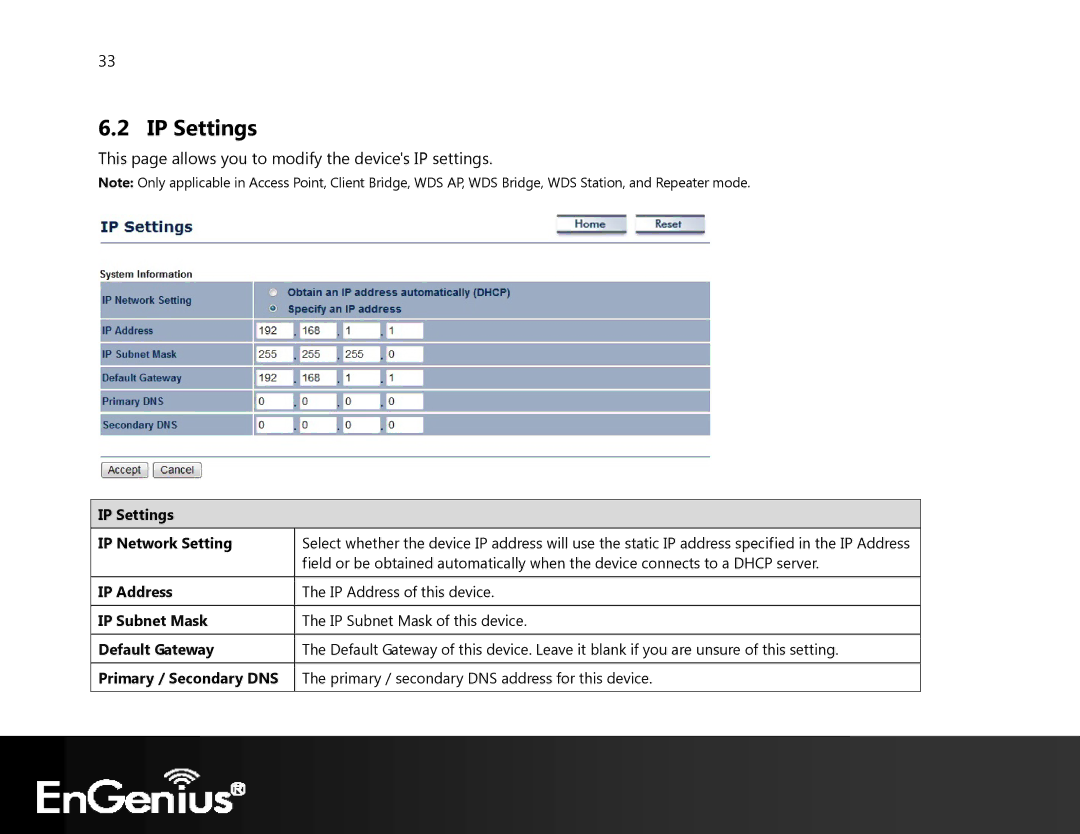 EnGenius Technologies ECB350 manual IP Settings, This page allows you to modify the devices IP settings 