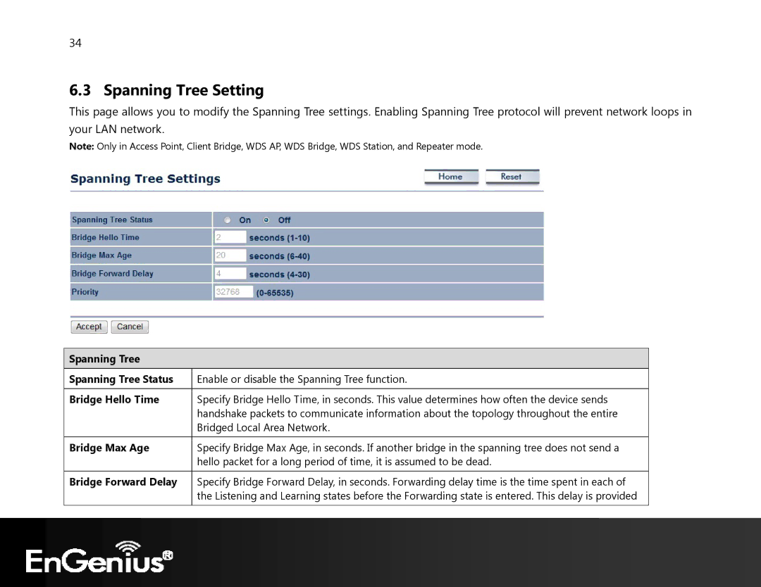 EnGenius Technologies ECB350 manual Spanning Tree Setting 