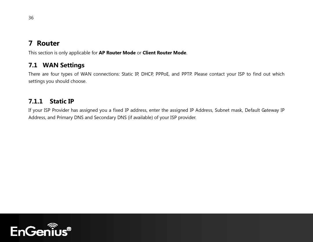 EnGenius Technologies ECB350 manual Router, WAN Settings, Static IP 