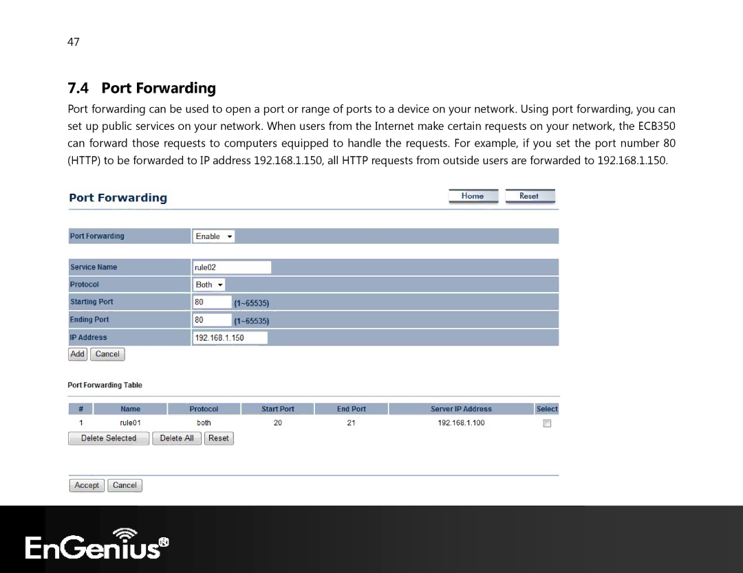 EnGenius Technologies ECB350 manual Port Forwarding 