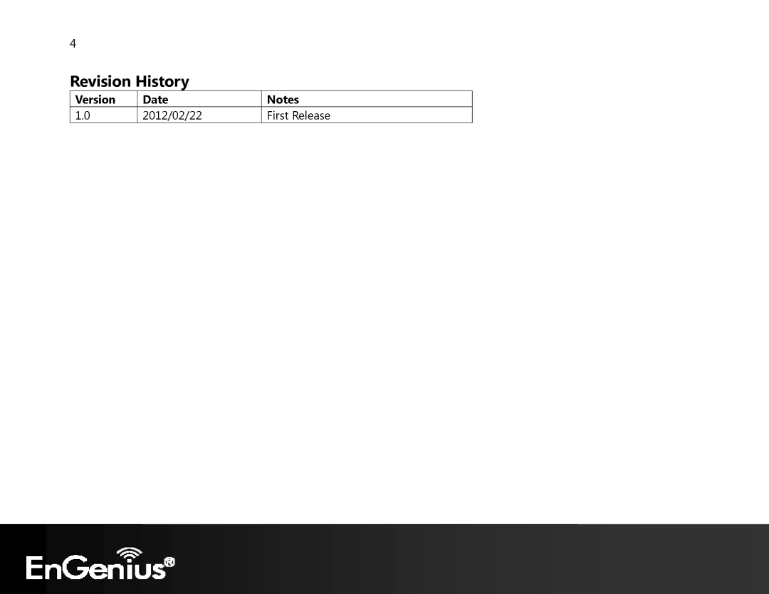 EnGenius Technologies ECB350 manual Revision History, Version Date 2012/02/22 First Release 