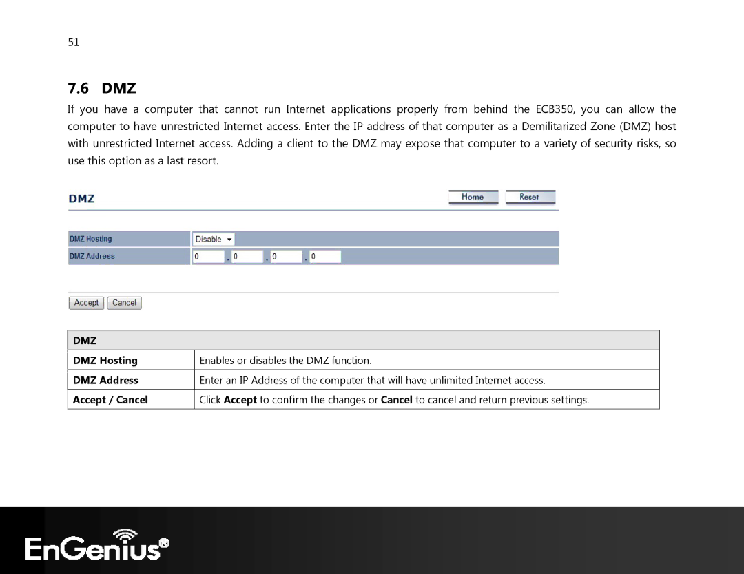 EnGenius Technologies ECB350 manual Dmz, DMZ Hosting DMZ Address Accept / Cancel 