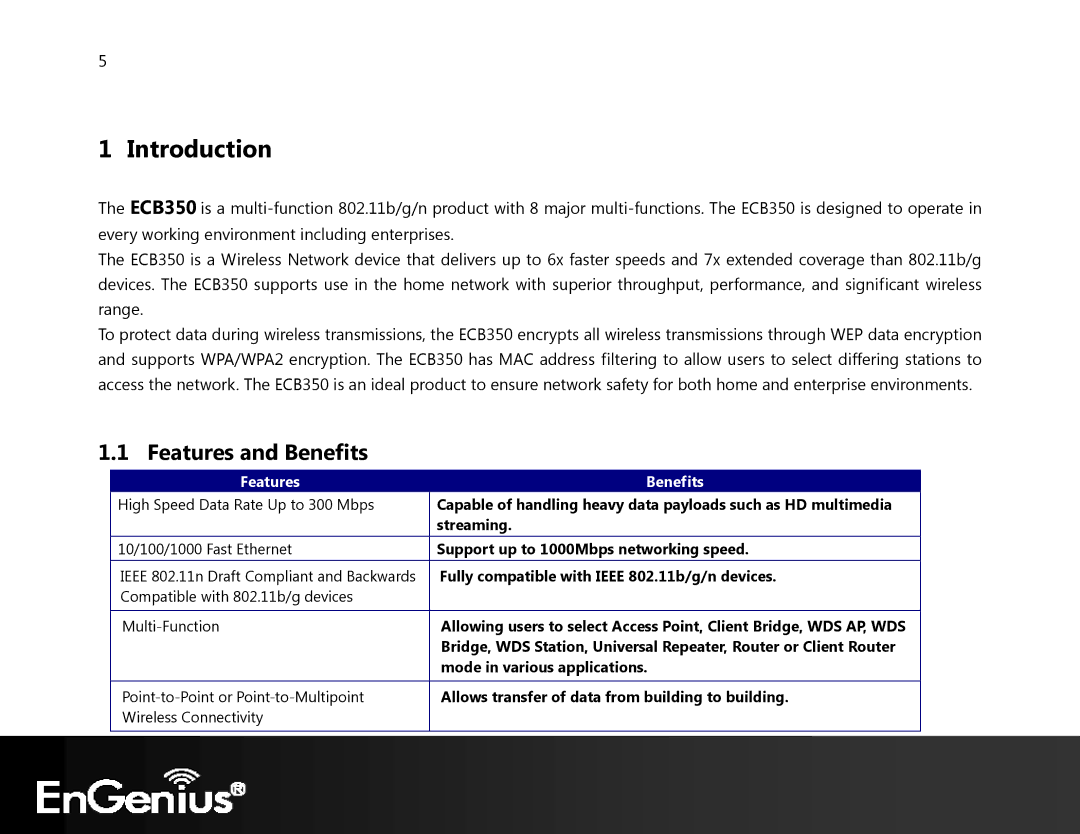 EnGenius Technologies ECB350 manual Introduction, Features and Benefits 