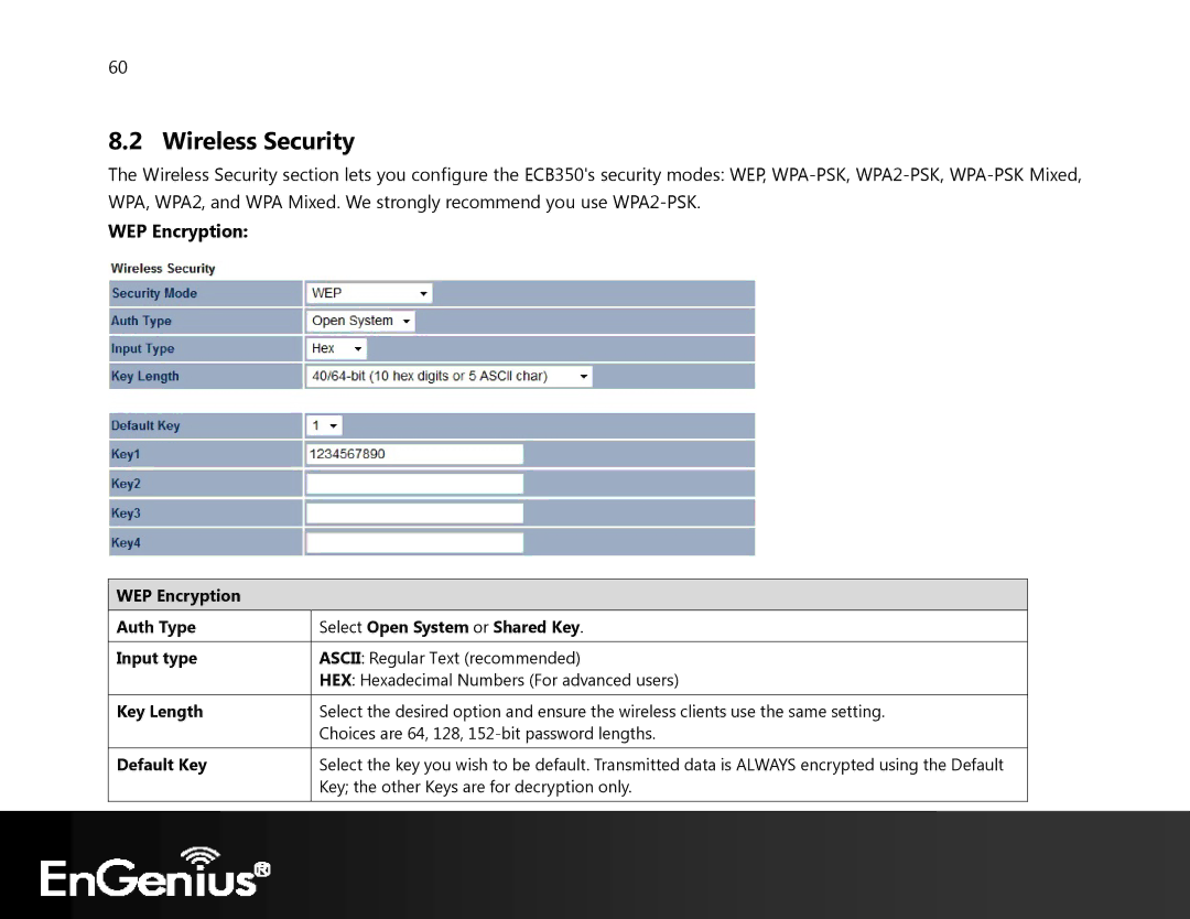 EnGenius Technologies ECB350 manual Wireless Security, WEP Encryption 