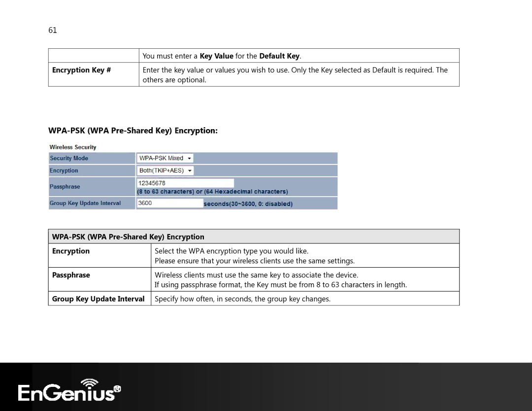 EnGenius Technologies ECB350 manual WPA-PSK WPA Pre-Shared Key Encryption, Encryption Key #, Passphrase 