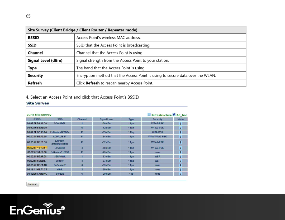 EnGenius Technologies ECB350 manual Site Survey Client Bridge / Client Router / Repeater mode 