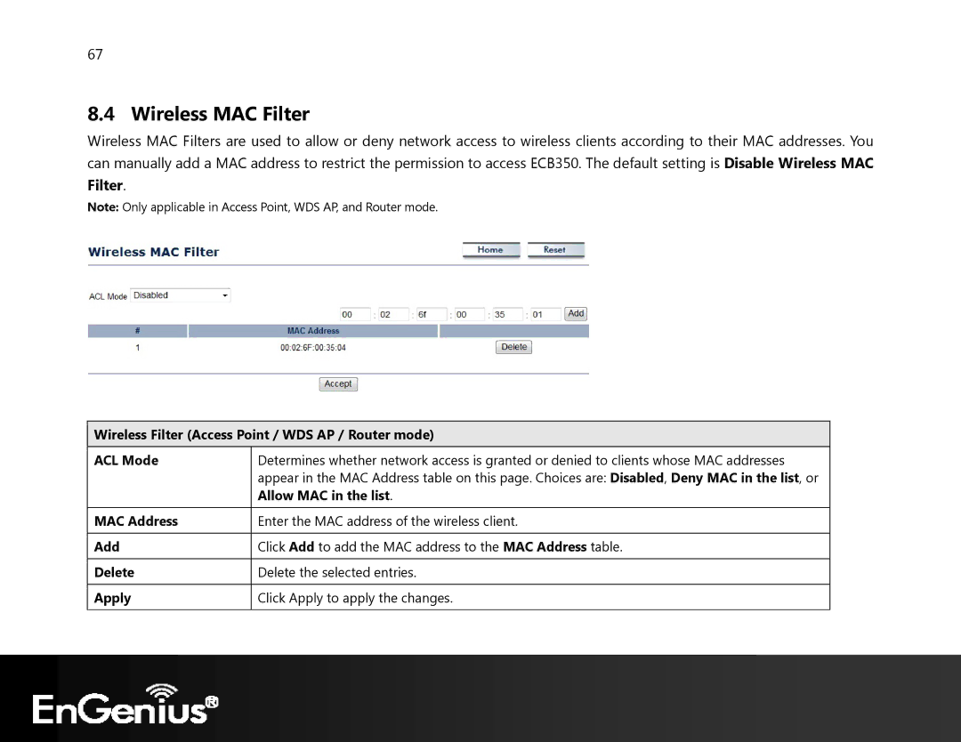 EnGenius Technologies ECB350 manual Wireless MAC Filter 