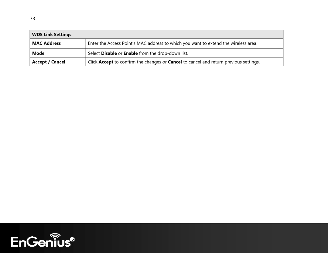 EnGenius Technologies ECB350 manual WDS Link Settings MAC Address Mode Accept / Cancel 