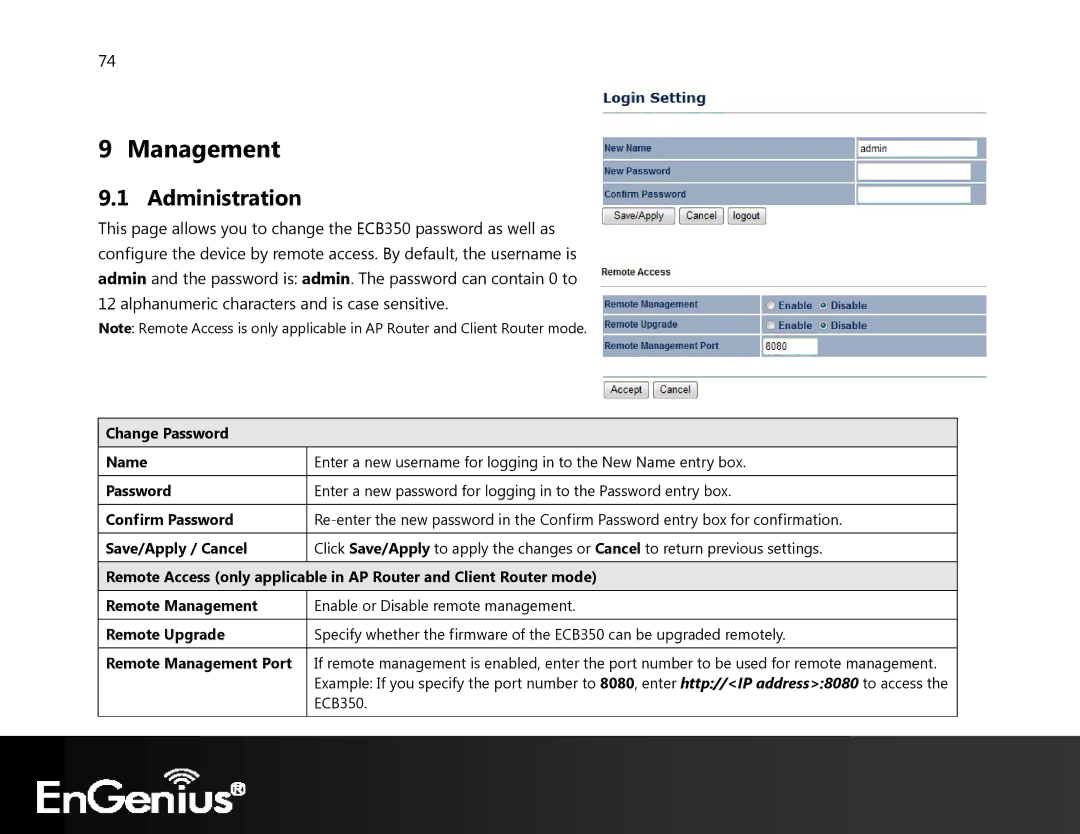 EnGenius Technologies ECB350 manual Management, Administration 