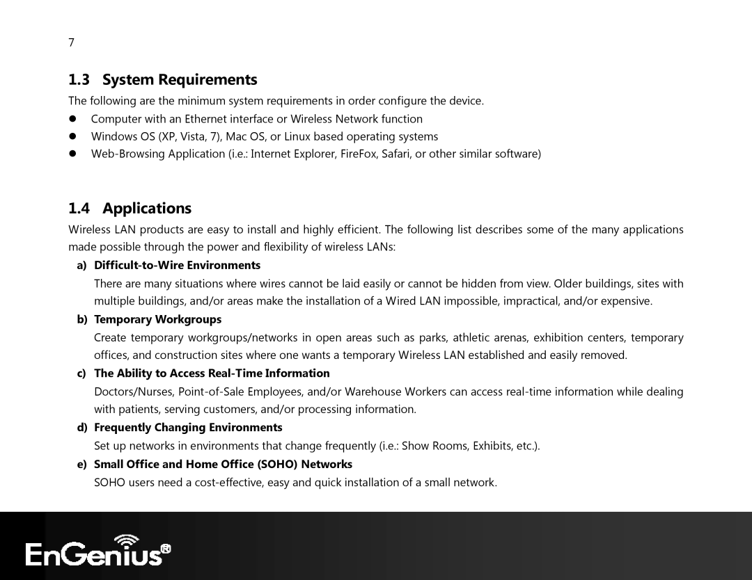 EnGenius Technologies ECB350 manual System Requirements, Applications 